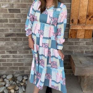 Simply Southern Mila Quilt Patchwork Maxi Dress in Blue, Pink & Cream